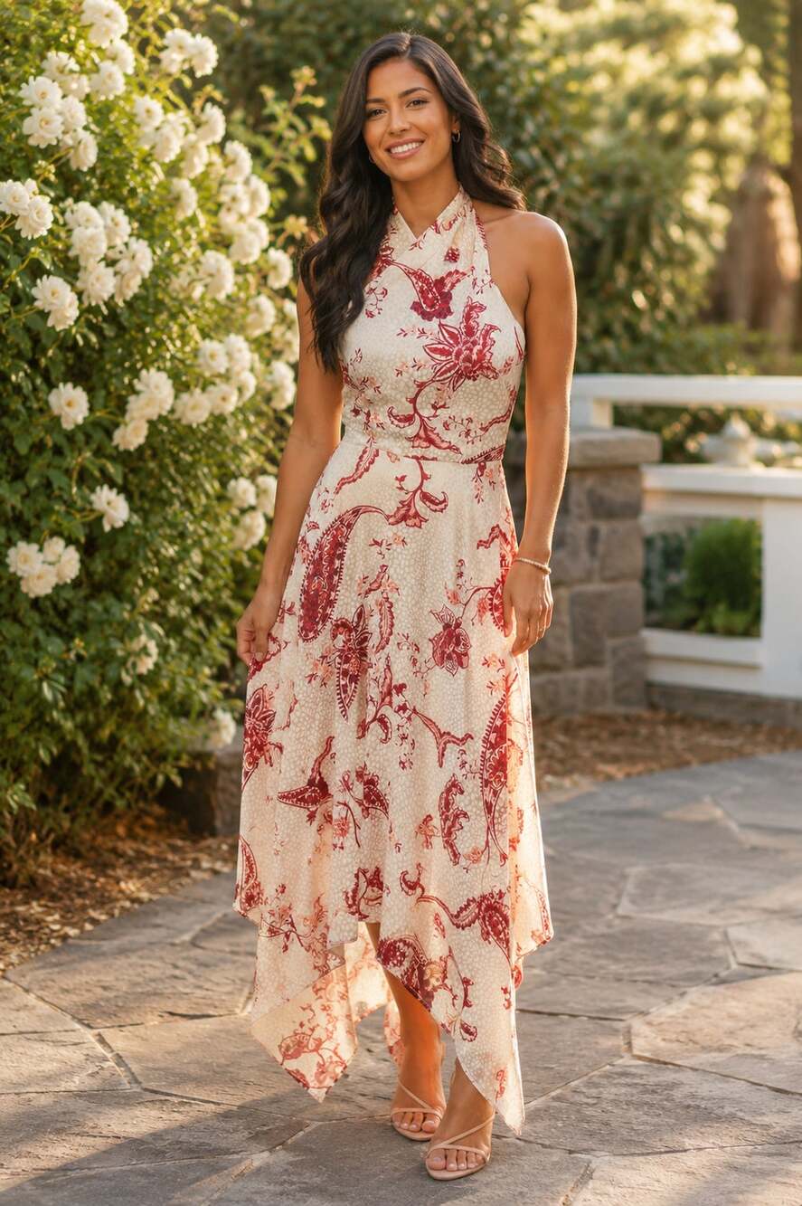 Rachel Roy Floral Paisley Jacquard Halter Asymmetrical Dress 2 NWT Missing Belt